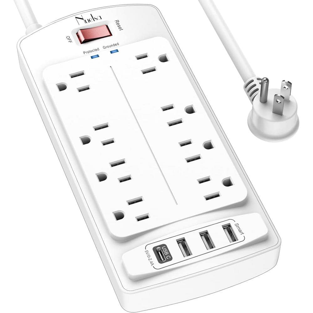 Etokfoks 16.4 ft. Extension Cord Flat Plug, Surge Protector Power Strip Tower Heavy-Duty 12 Outlets & 6 USB Ports - White
