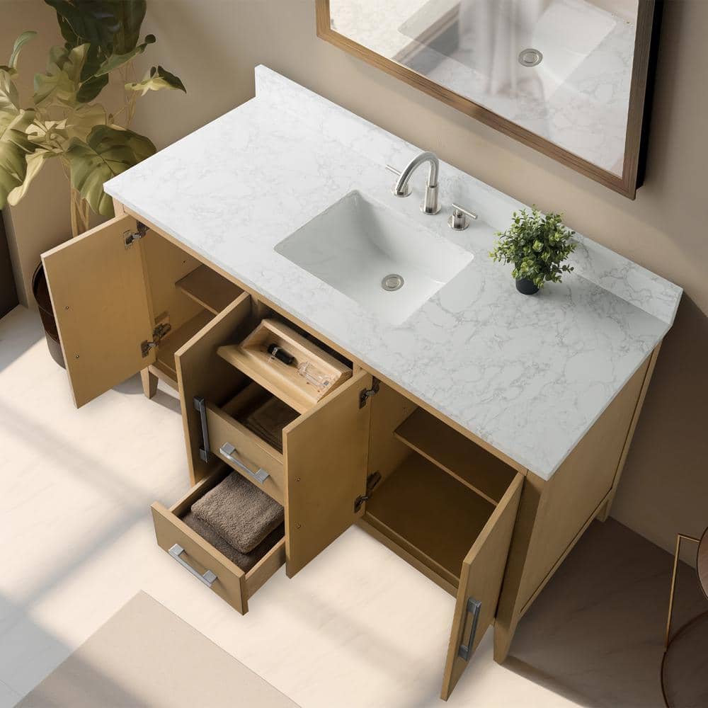 Natural Oak 60'' Single Bathroom Vanity with Engineered Marble Top