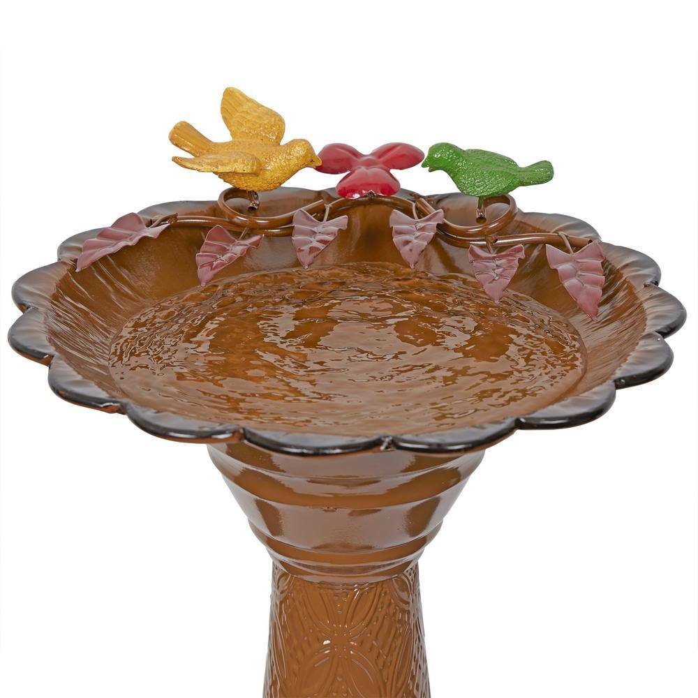 Brown Metal Pedestal Birdbath with Floral Basin, 28"