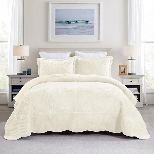MarCielo BYV300 White Leaf and Vines Queen Size Polyester Velvet Quilt Bedspread Set