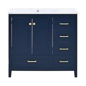 18 in. W x 36 in. D x 34 in. H 1 Sink Freestanding Bath Vanity in Blue with White Resin Top and 4-Drawers