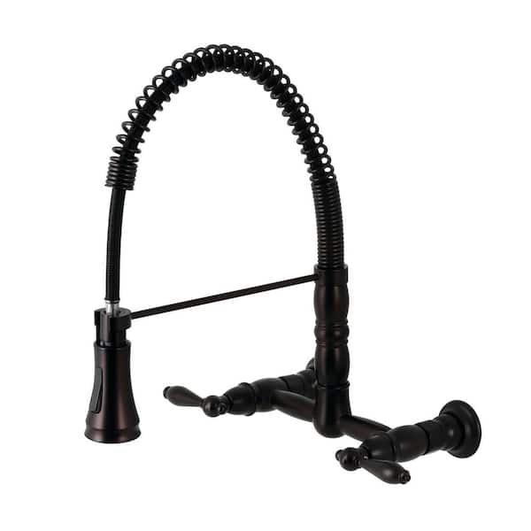 Kingston Brass Heritage Double-Handle Wall Mount Pull Down Sprayer Kitchen Faucet in Oil Rubbed Bronze