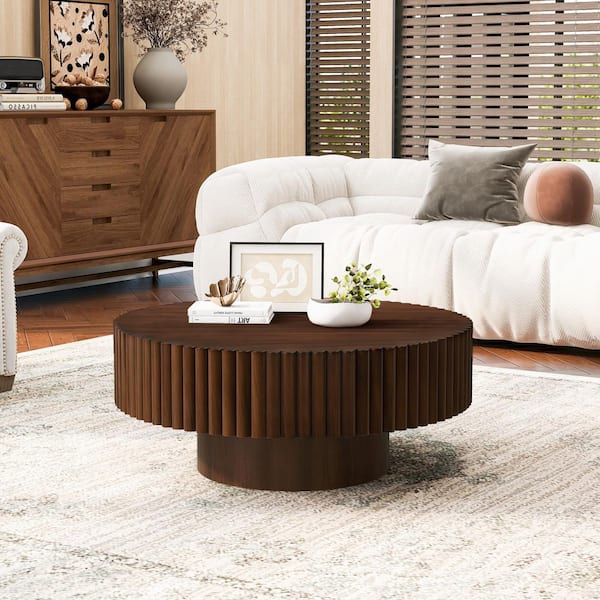 Drew 21.5 in. Brown Round Wood Coffee Table with Fluted Design, Walnut