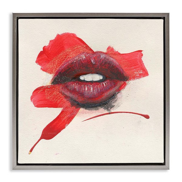 Stupell Industries Red Lips Paint Streak by Daniel Houston Gray Floater Frame People Graphic Art Print 18 in. x 18 in.