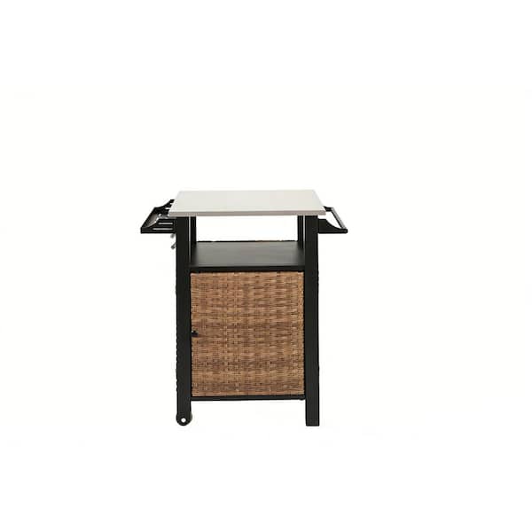Outdoor Kitchen Wicker Brown Single door Island Rolling Serving Cart with Wheels and Stainless Steel Extended Table Top