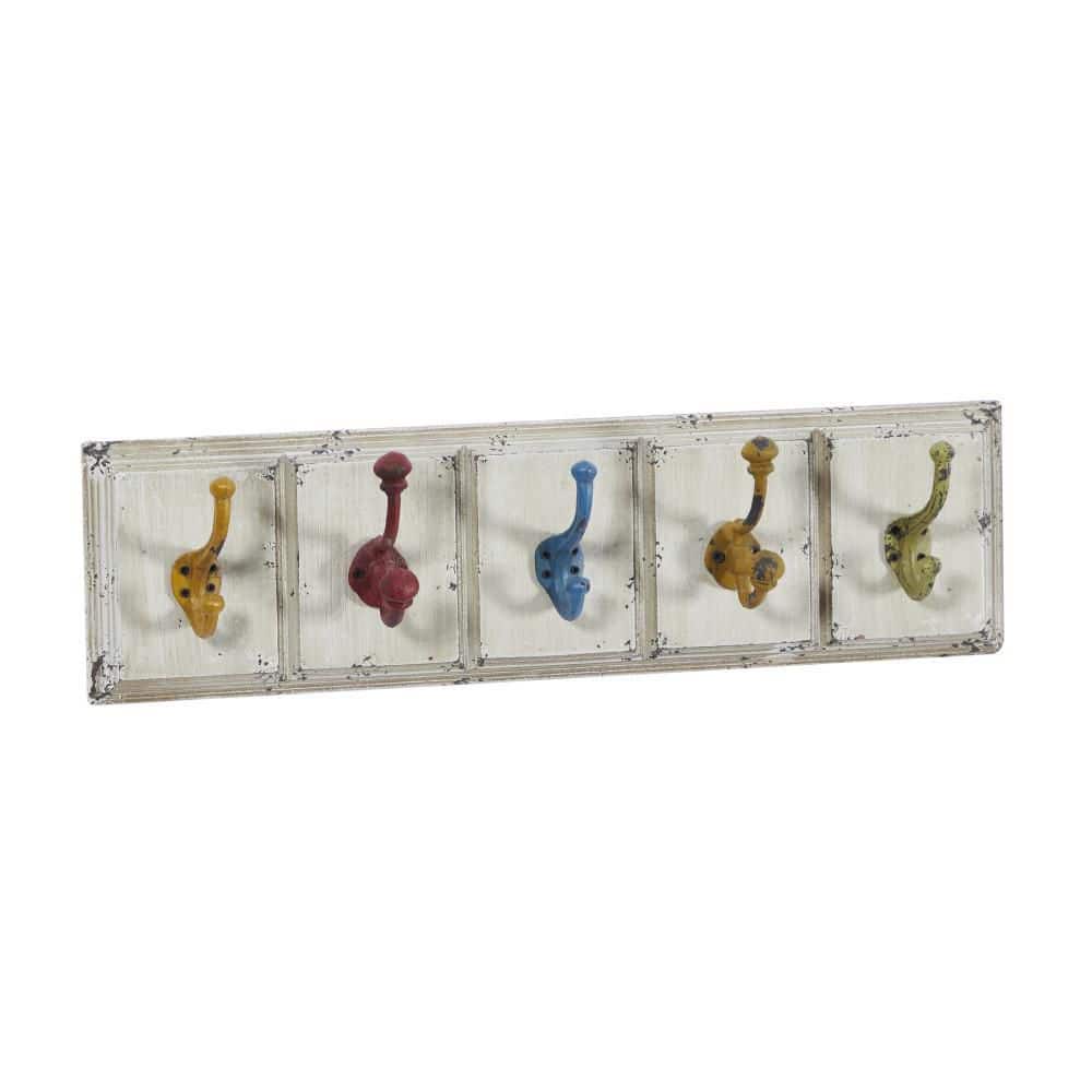 24" White Wood Wall Hook with Multicolor Metal Hangers