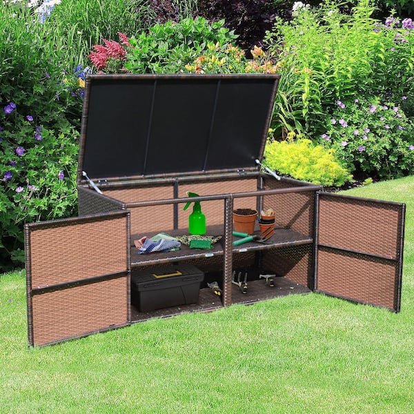 88 Gal. Rattan Outdoor Storage Bench Box Outdoor Patio Container Seat with Door Mix Brown
