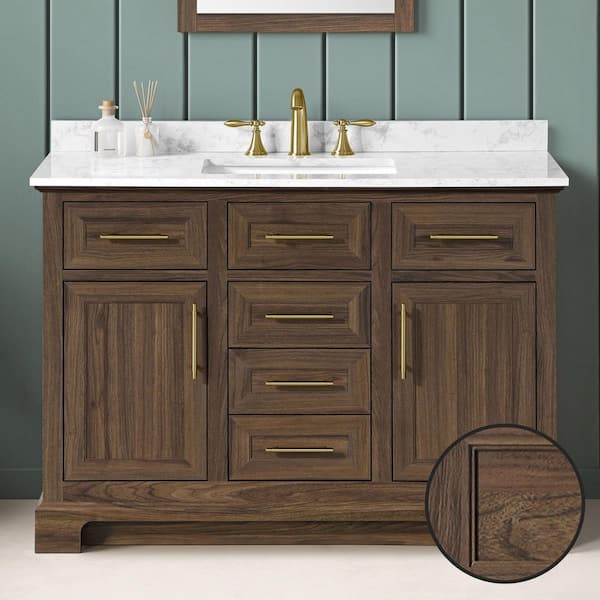 Doveton 48 in. Single Sink Freestanding Dark Walnut Bath Vanity with White Engineered Marble Top (Assembled)