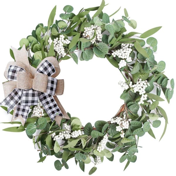 20 in. Artificial Eucalyptus Wreath with Plaid Burlap Bow for Home Garden for Spring Summer Fall Winter