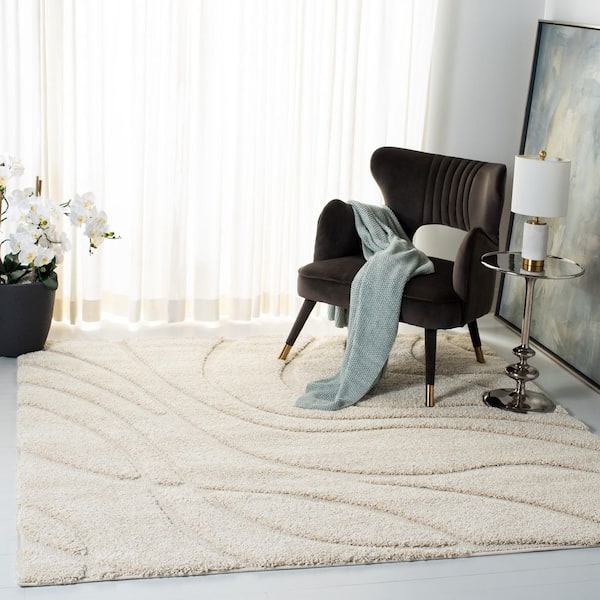Florida Shag 5 ft. x 5 ft. Creme/Creme Wave Square Rug