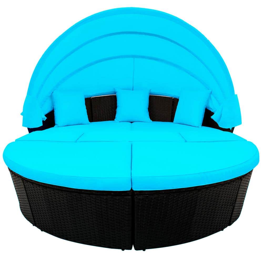 Kaira Wicker Outdoor Day Bed with Blue Cushions and Retractable Canopy