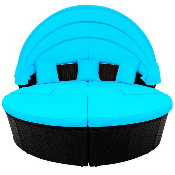 null Kaira Wicker Outdoor Day Bed with Blue Cushions and Retractable Canopy