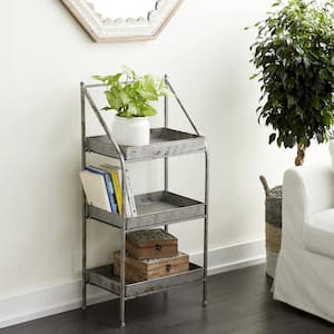 Small, Rectangular Distressed Silver Outdoor Metal Plant Stand with 3 Shelves, 18" x 39"