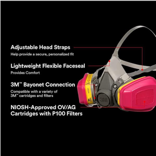 OV/AG/P100 Professional Multi-Purpose Reusable Respirator, Medium, 1 Facepiece and 1 pair of 60923 Cartridges/Filters
