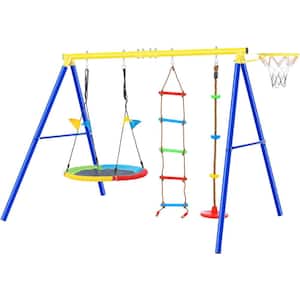 4 in 1 Outdoor Swing Set with Climbing Ladder and Basketball Hoop for Kids