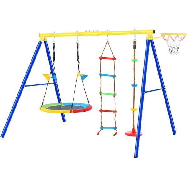 TIRAMISUBEST MSXY296182AAA 4 in 1 Outdoor Swing Set with Climbing Ladder and Basketball Hoop for Kids - 1
