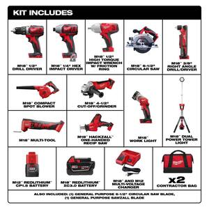 M18 18V Lithium-Ion Cordless Combo Kit (10-Tool) with (2) Batteries, Charger, (2) Tool Bags & M18 Dual Power Tower Light