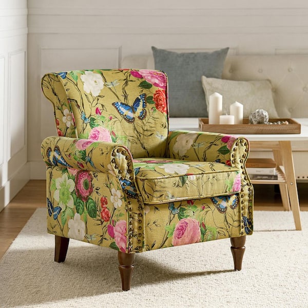 JAYDEN CREATION Auria Traditional Mustard Polyester Accent Arm Chair with Nailhead Trim and Rolled Arms and Solid Wood Legs