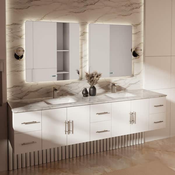 Geneva 84 in. W x 22 in. D Glossy White Double Bath Vanity and Carrara Marble Top