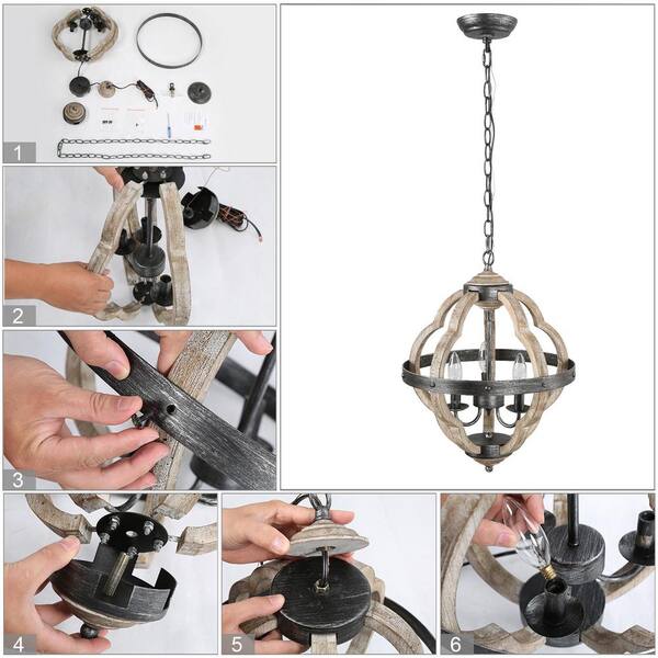LNC Farmhouse Chandelier Brushed Black Globe 3-Light Rustic