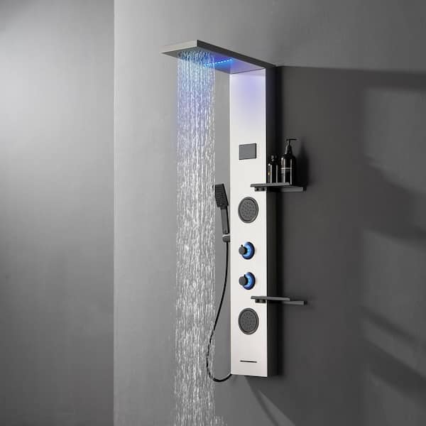 Dual 4-in-1 2-Jet Rainfall Shower Panel System with Rainfall Shower Head Shelf, Stub Spout and LED Light in Black Nickel