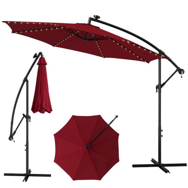 10 ft. Metal 112 Solar-Powered LED Lights Cantilever Patio Umbrella in Wine