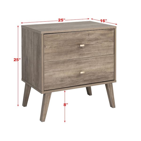 Prepac Milo Mid Century Modern 2-Drawer Drifted Gray Nightstand 