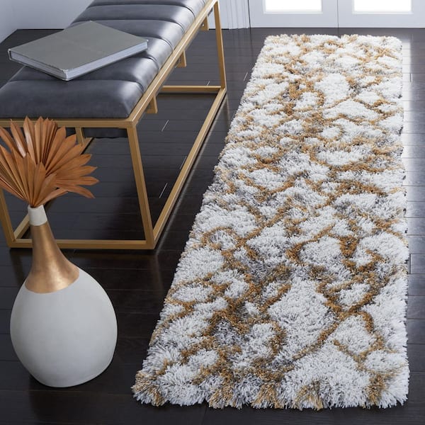 Horizon Shag 2 ft. x 15 ft. Ivory/Gold Abstract Diamond Runner Rug