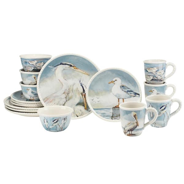 Certified International Shorebirds 16-Piece Assorted Colors Earthenware Dinnerware Set (Service for 4)