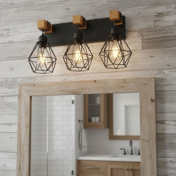 20 in. 3-Light Black Wood Farmhouse Vanity Light, Rustic Wood and Metal Bathroom Wall Sconce Over Mirror