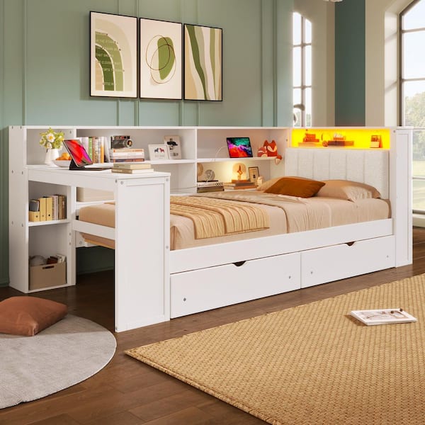 White Twin Size Upholstered Daybed with Storage Shelves, Drawers, Charging Station, LED and Desk