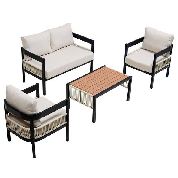 Black 4-Piece Iron and Rattan Outdoor Sectional Set with Beige Cushions