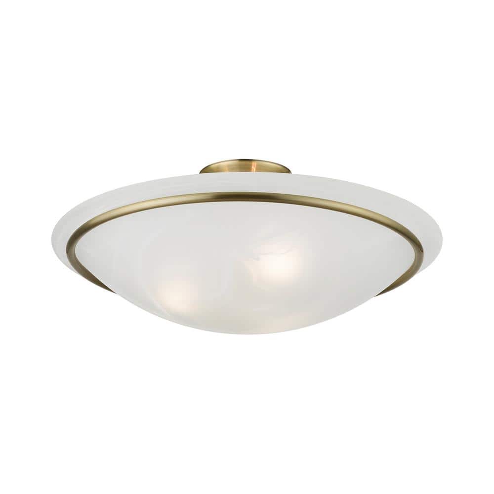 Antique Brass 3-Light Semi-Flush Mount with Alabaster Glass