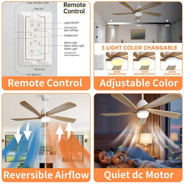 52 in. Brown Ceiling Fan With Dimmable LED Light 5-Solid Wood Blades Smart Remote Control Reversible,Downrod Mount