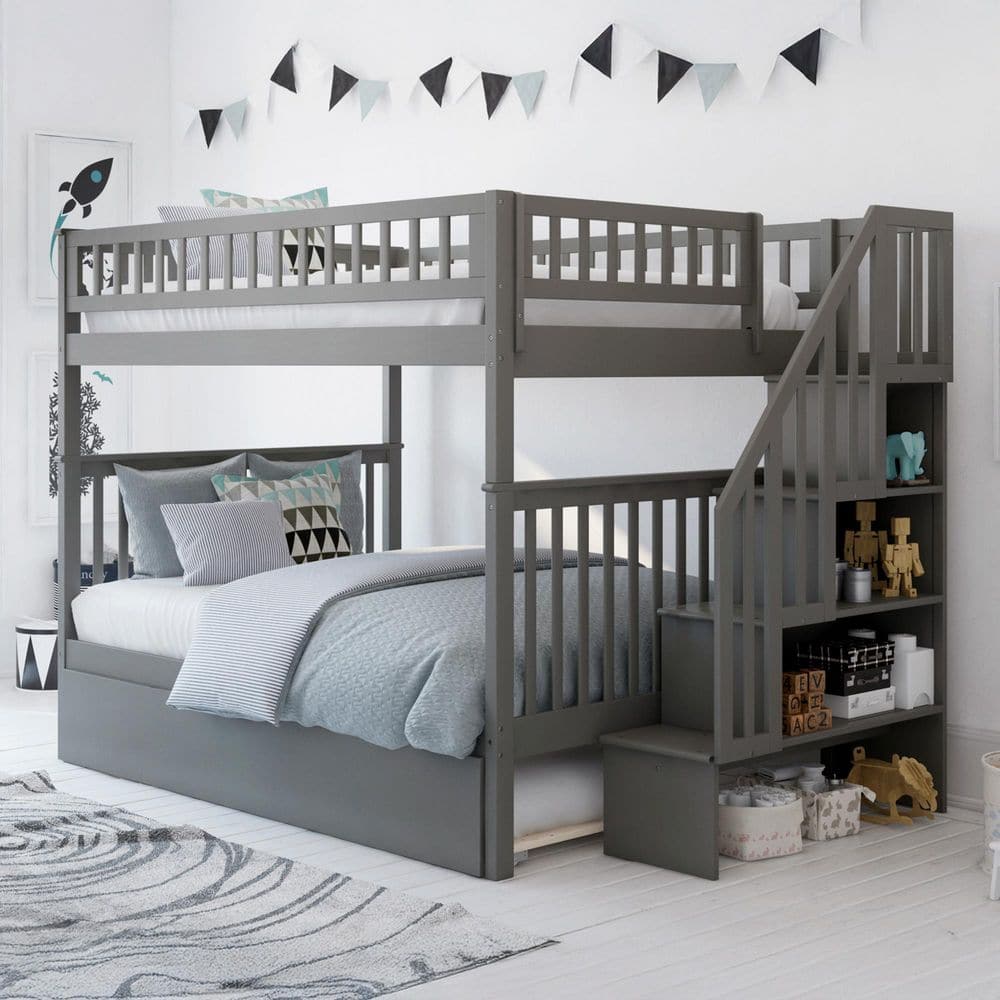 Woodland Staircase Bunk Bed Full over Full with Twin Size Urban Trundle Bed