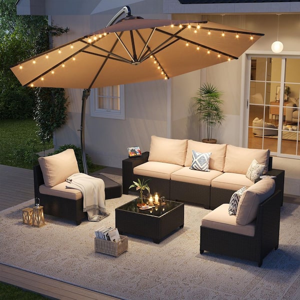 7-Piece Black Wicker Patio Conversation Set with Umbrella Seating Set, Beige Cushions