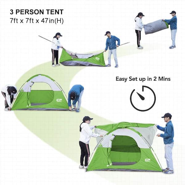 Green 3-Person Tent-Dome Tents for Camping, Waterproof Windproof
