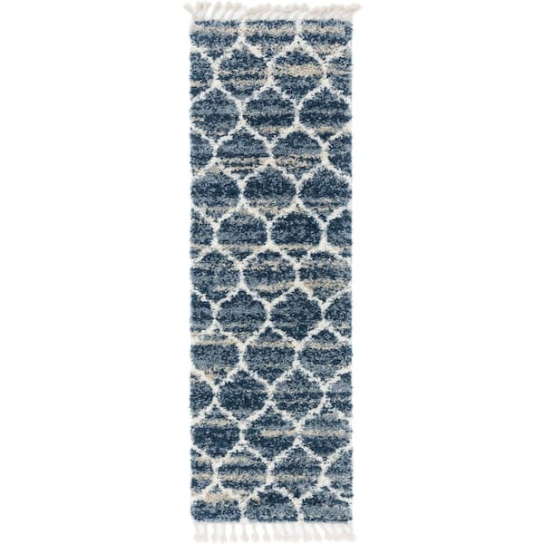 Hygge Shag Trellis Blue 2 ft. 7 in. x 8 ft. 2 in. Runner Rug