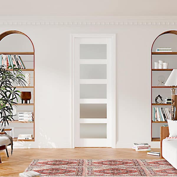 32 in. x 80 in. 5-Panel Frosted Glass Prehung Interior Door Left-Handed MDF Wood White with Door Jamb and Hardware Kit