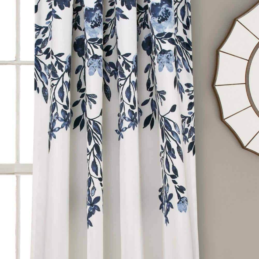 Navy and White Floral Polyester Blackout Curtain Panels