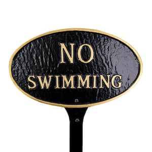 8.5 in. x 13 in. Standard Oval No Swimming Statement Plaque Sign with Lawn Stake - Black/Gold