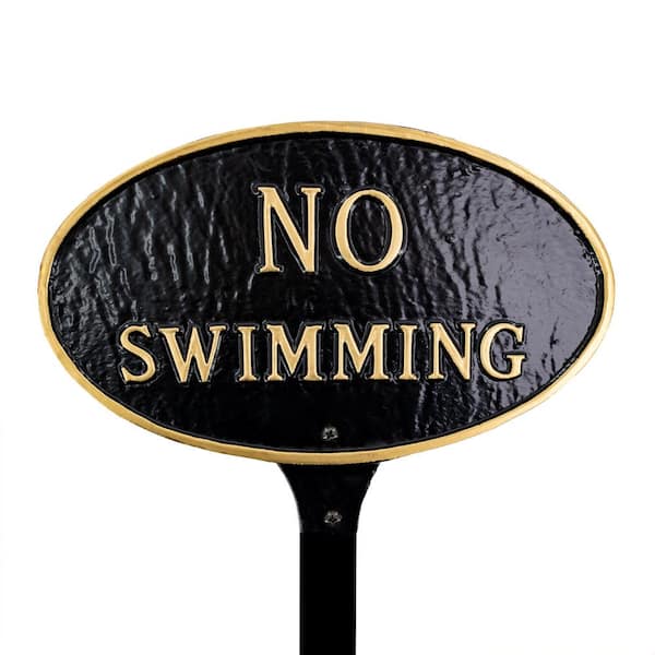 Montague Metal Products 6 in. x 10 in. Small Oval No Swimming Statement Plaque Sign with Lawn Stake - Black/Gold