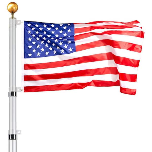 20 ft. Telescoping Flag Pole Kit Heavy-Duty Aluminum, In-Ground Ground Spike, 3 Display Modes, 3x5 American Flag, Silver