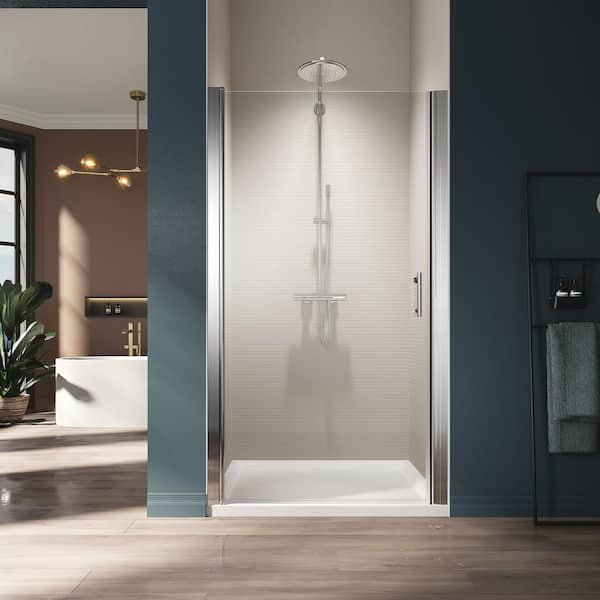 Unbranded 33 in. W x 72 in. H Semi-Frameless Pivot Shower Door with 1/4 in. Clear Tempered Glass in Chrome Finish