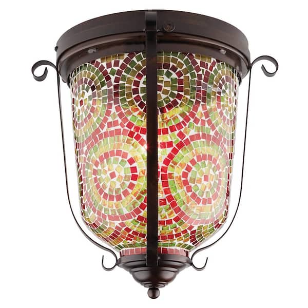 River of Goods Amina 15.5 in. 1-Light Oil-Rubbed Bronze Bohemian Semi-Flush Mount Shaded Pendant with Red, Green and Yellow Glass Shade
