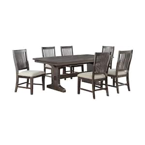 Ilya 7-Piece Rustic Brown Wood Top Double Pedestal Dining Table Set With 6 Beige Linen Fabric Chairs