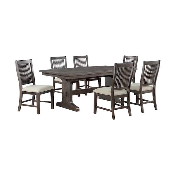Best Quality Furniture Ilya 7-Piece Rustic Brown Wood Top Double Pedestal Dining Table Set With 6 Beige Linen Fabric Chairs