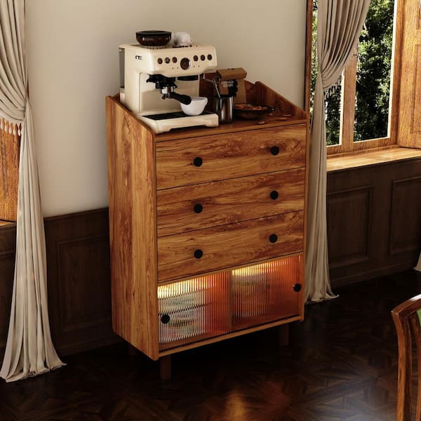 FUFU&GAGA Burly Wood Grain Wood 31.5 in. W Sideboard, Console Table with Large Top Surface,3-Drawer,2-Shelf and Sliding Glass Door