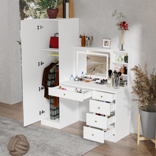 Vanity Desk with Lighted Mirror, Full Length Mirror & Wardrobe Closet for  Hanging Clothes, Wooden Vanity Desk with 3 Color Light, Hanging Rod & 5  Drawers for Bedroom Storage