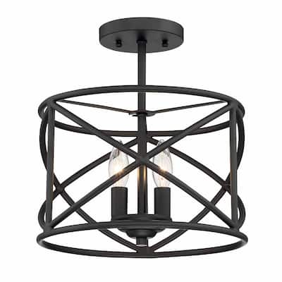 Hastings 13.5 in. 2-Light Satin Bronze Industrial Caged Drum Ceiling Semi Flush Mount Light